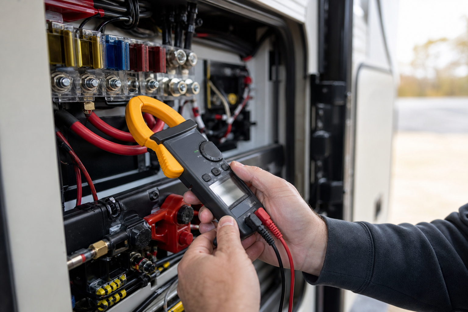 Hands measuring DC current draw on RV battery cable for load audit