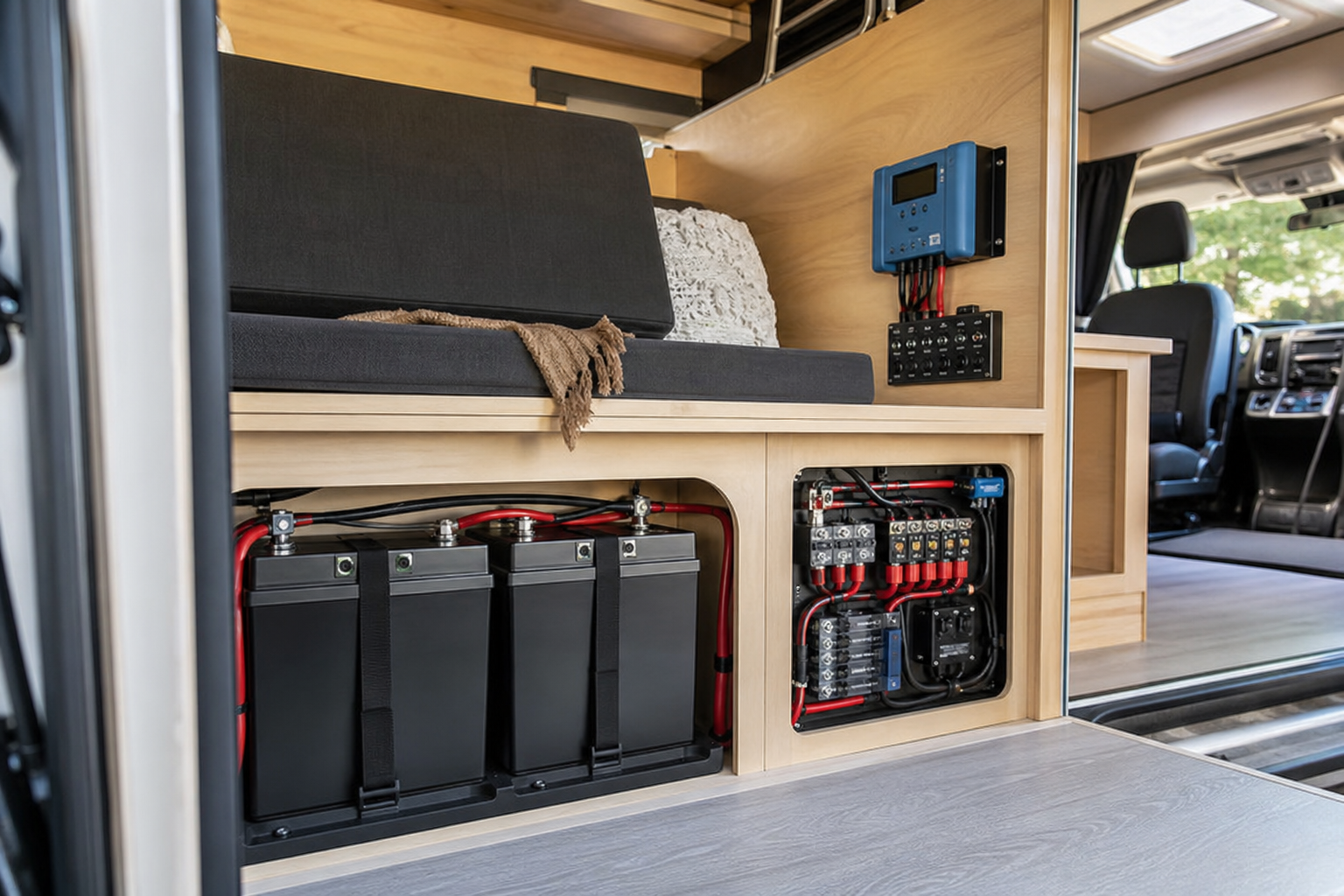 Lithium batteries for RV solar mounted in camper van interior