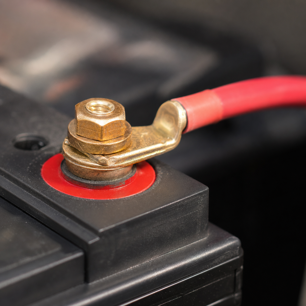 Close-up of lithium battery terminal and cable lug for RV solar