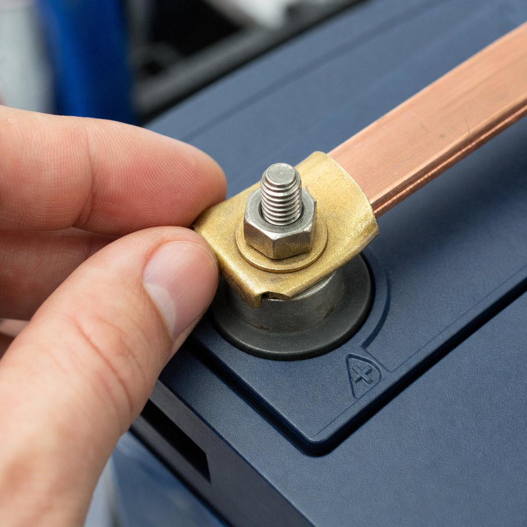 Close-up of lithium battery terminal and copper bus bar