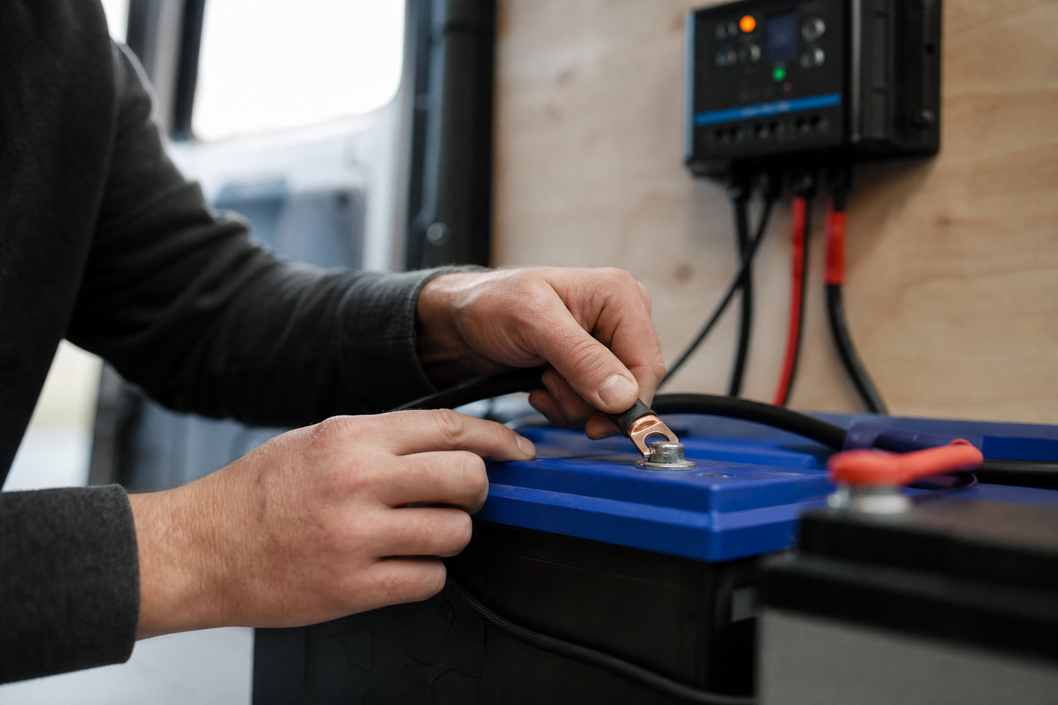 Hands connecting cables to lithium battery in RV solar system