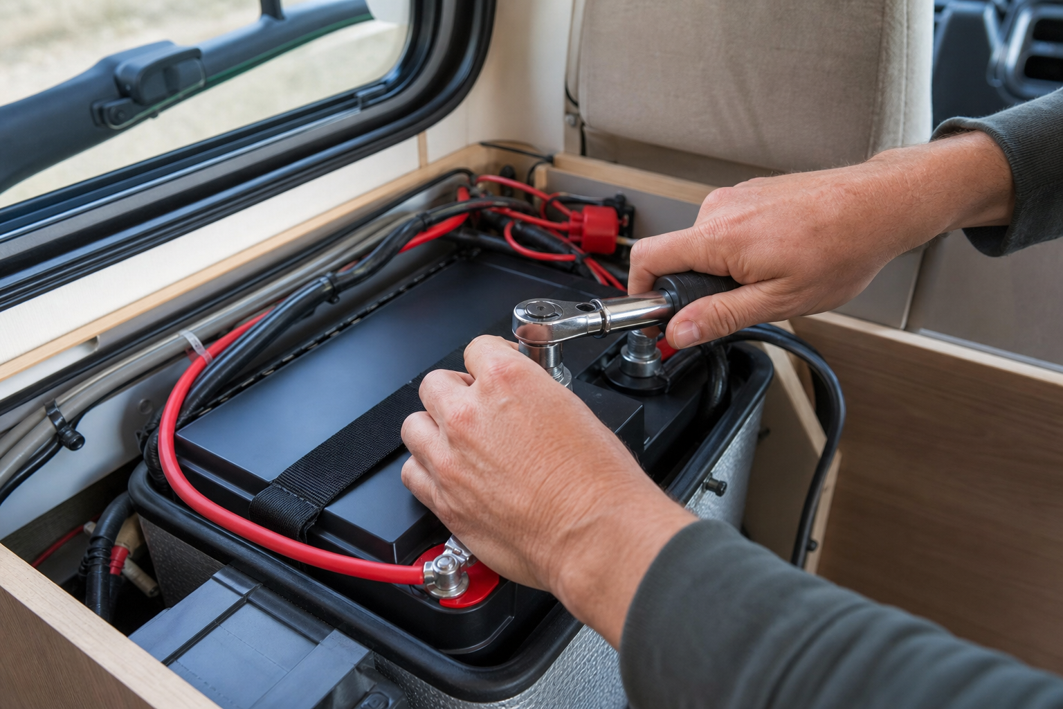 Hands installing top pick lithium battery for RV solar