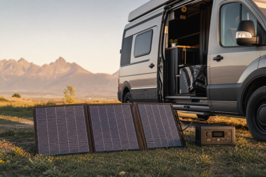 Best portable RV solar panels unfolded beside a camper van