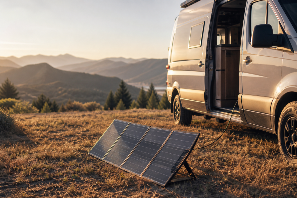 Portable RV solar panel unfolded beside camper van at golden hour