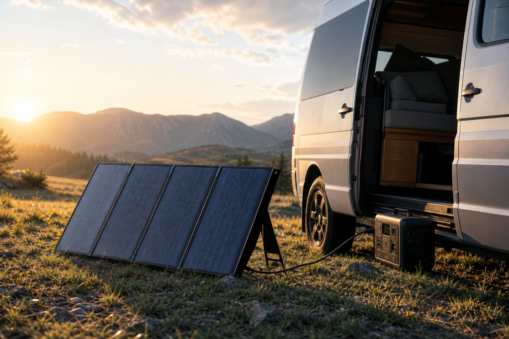 Portable RV solar panel set up beside camper van at golden hour