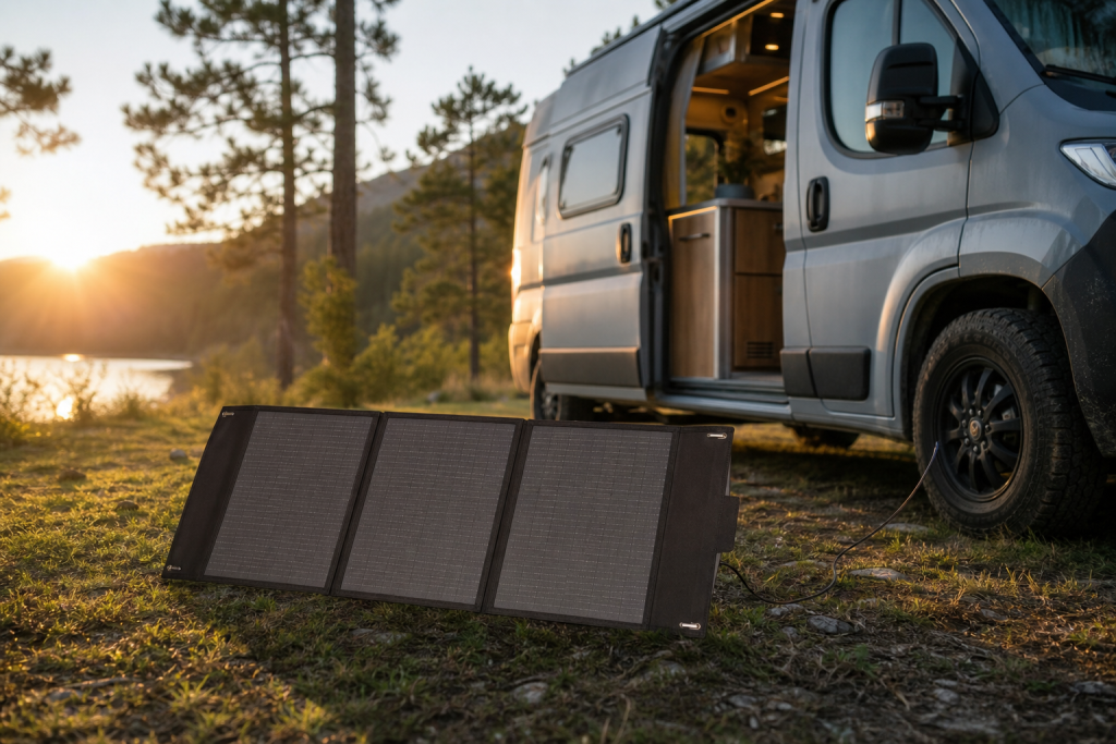 Portable RV solar panel unfolded beside camper van at golden hour
