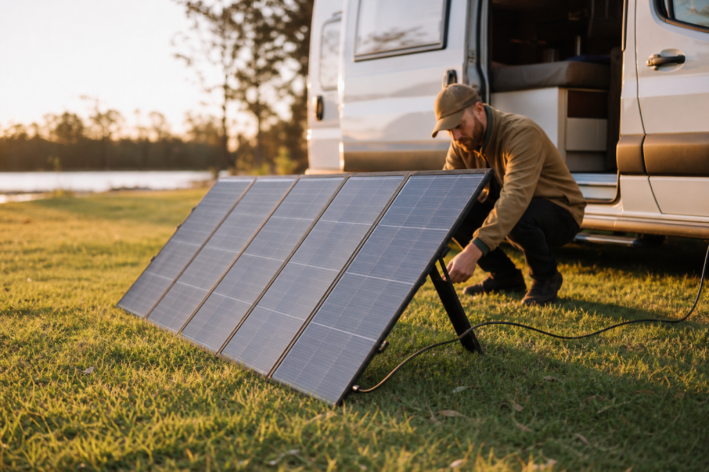 Portable RV solar panel set up beside camper at golden hour