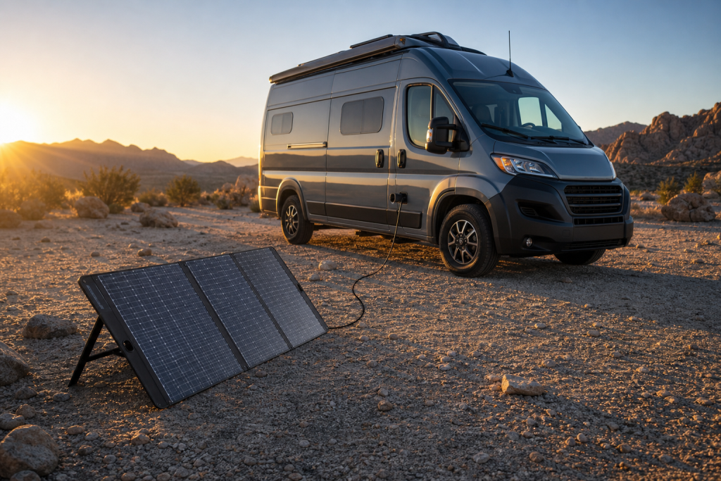 Portable RV solar panel charging a camper van at golden hour