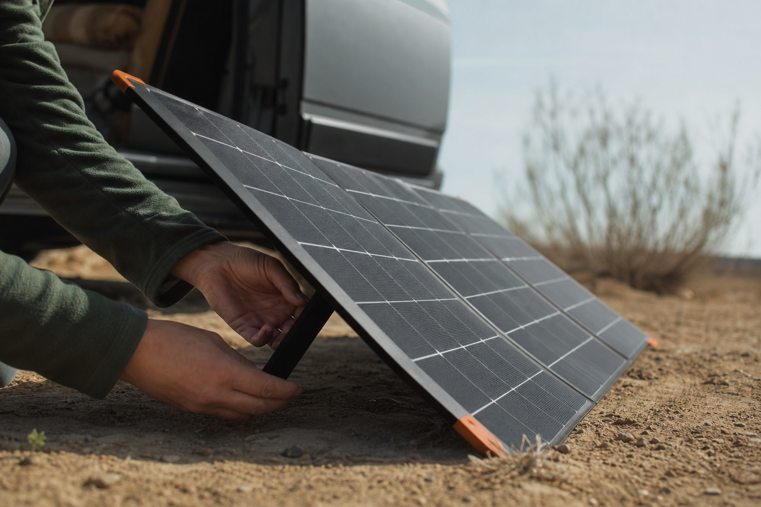 Hands adjusting a portable RV solar panel toward sunlight