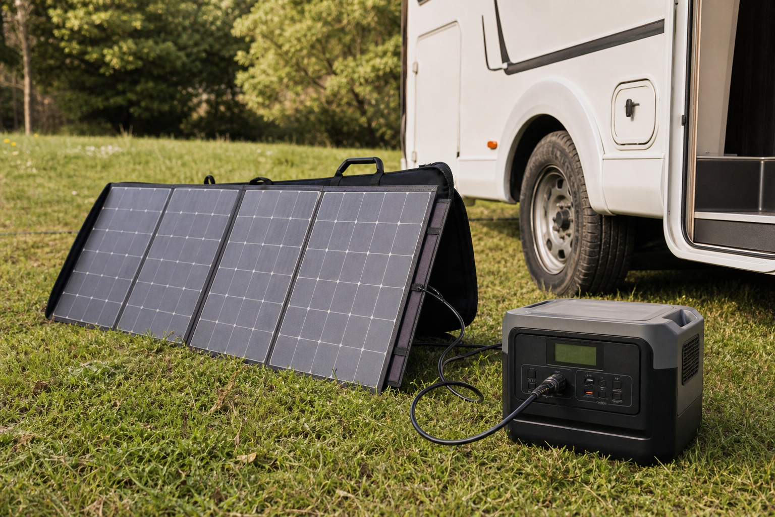 Portable solar suitcase connected to a power station outdoors