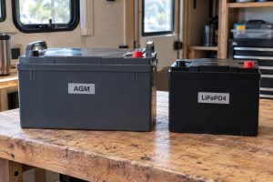 Larger AGM battery and compact LiFePO4 battery with protective terminal caps on a workshop bench
