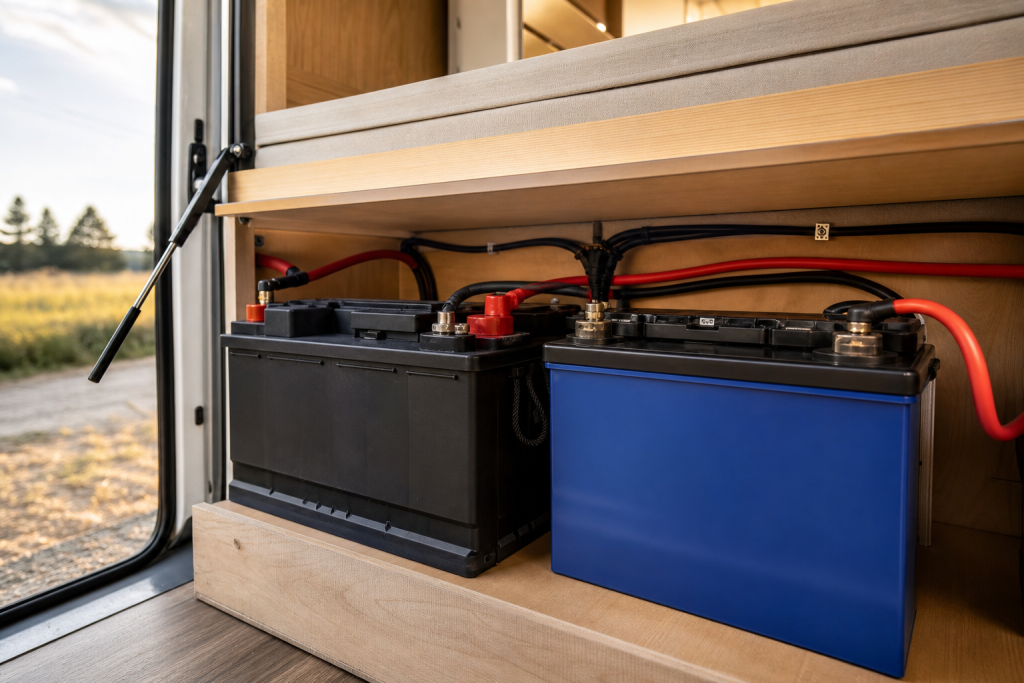 AGM and LiFePO4 batteries side by side in RV solar setup