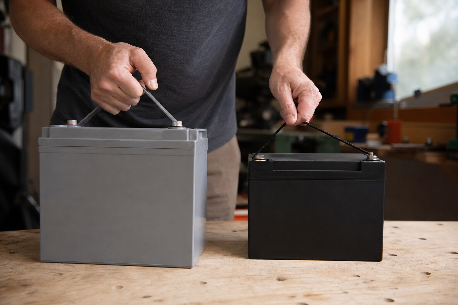 Hands comparing heavy AGM battery weight versus lighter LiFePO4