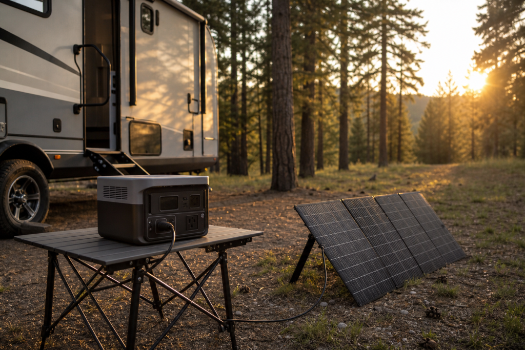 Portable power station charging from solar panel at RV campsite
