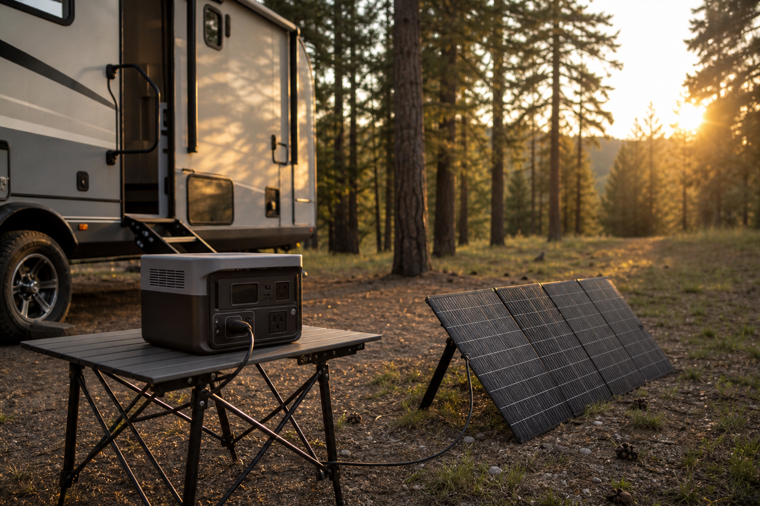 Portable power station charging from solar panel at RV campsite
