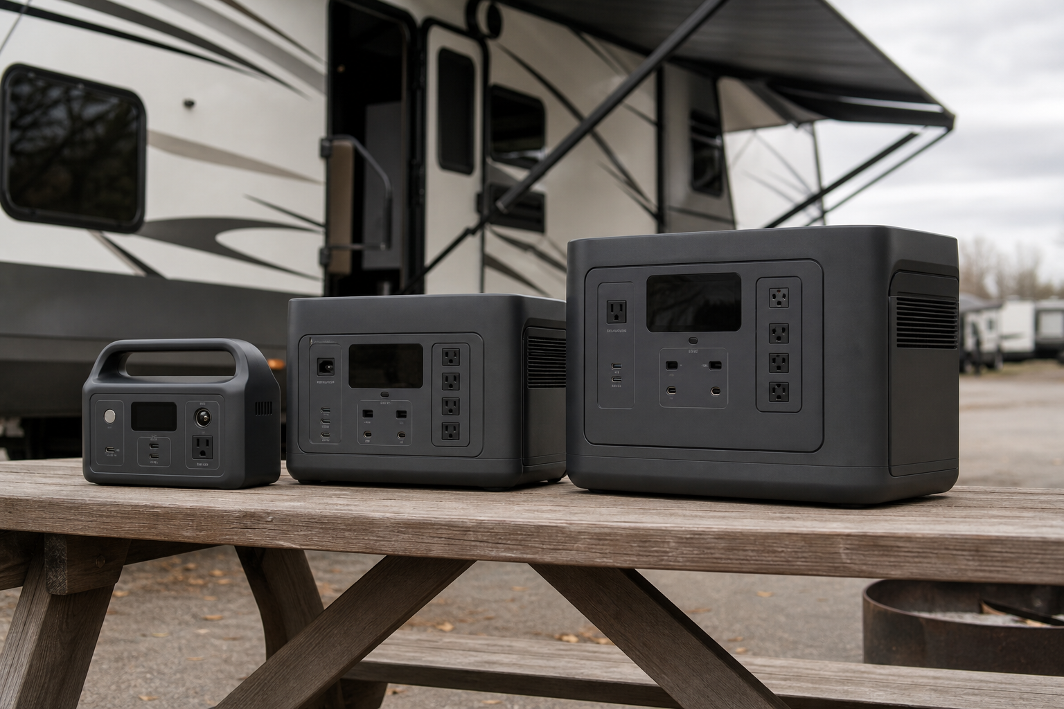Three portable power stations of different sizes on campsite table