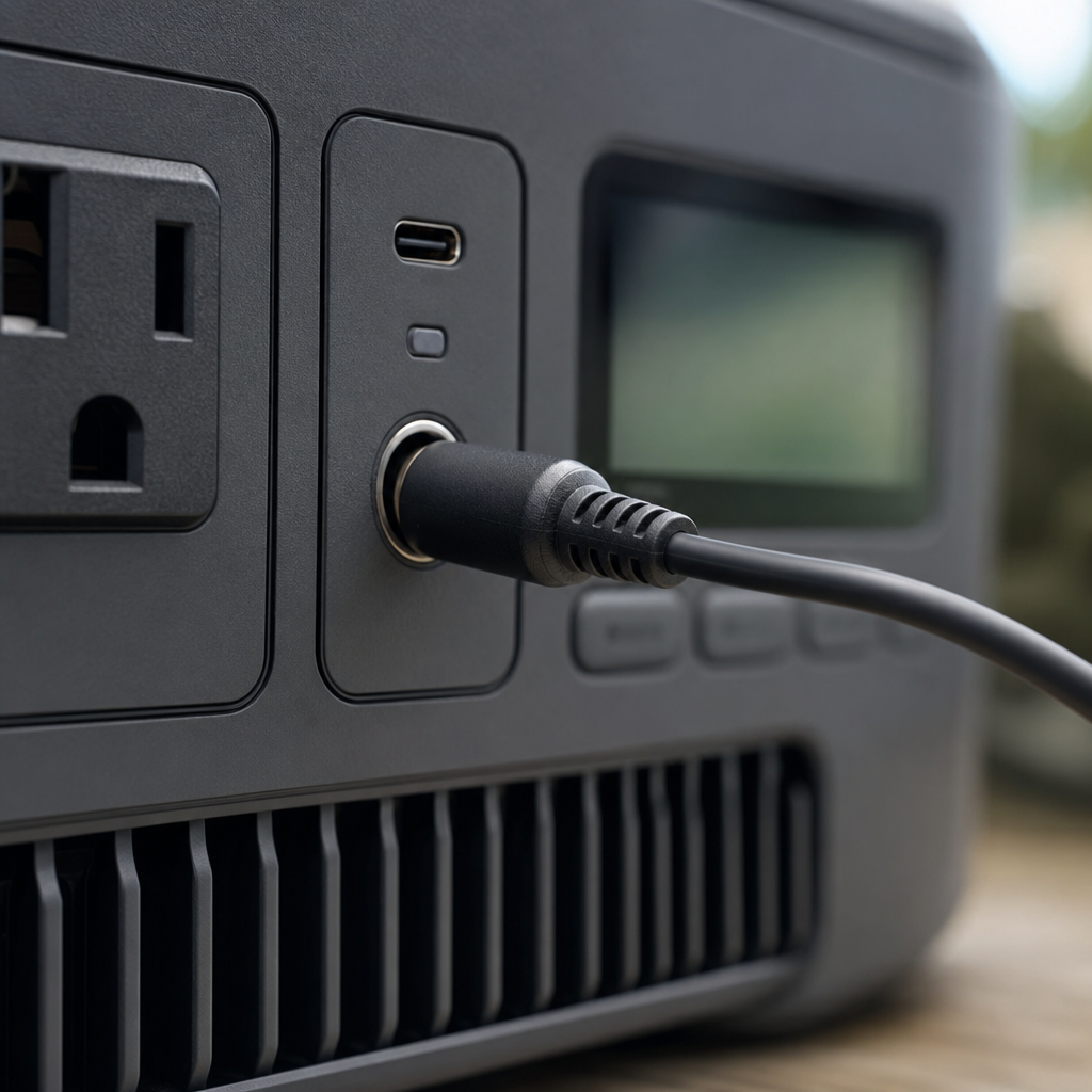 Close-up of portable power station ports with properly seated connector