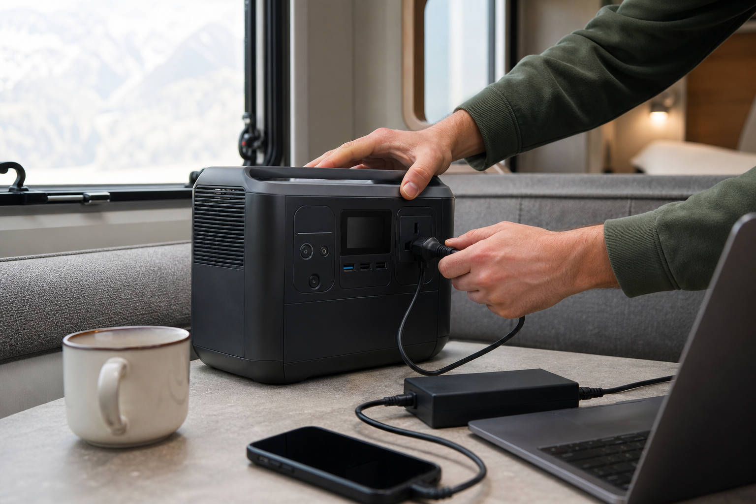 Hands plugging laptop into portable power station inside RV