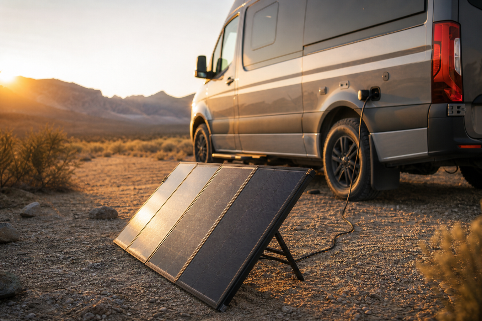 Portable RV solar panel angled toward golden-hour sun beside camper van