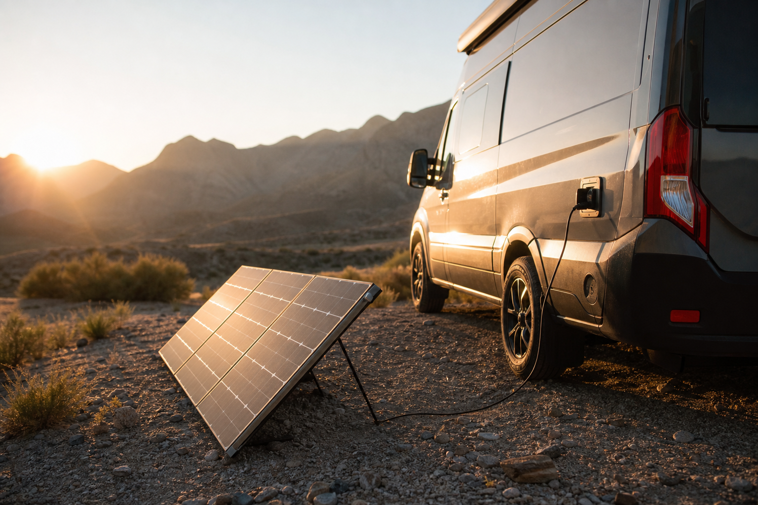 Portable RV solar panel angled toward sunset beside camper van