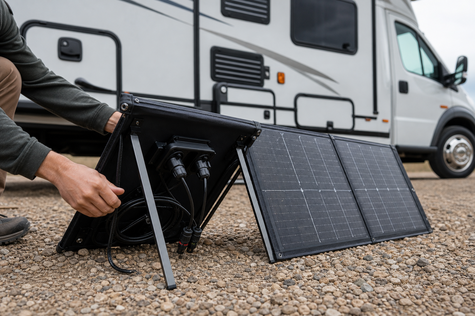 Hands unfolding a portable RV solar panel with kickstand legs
