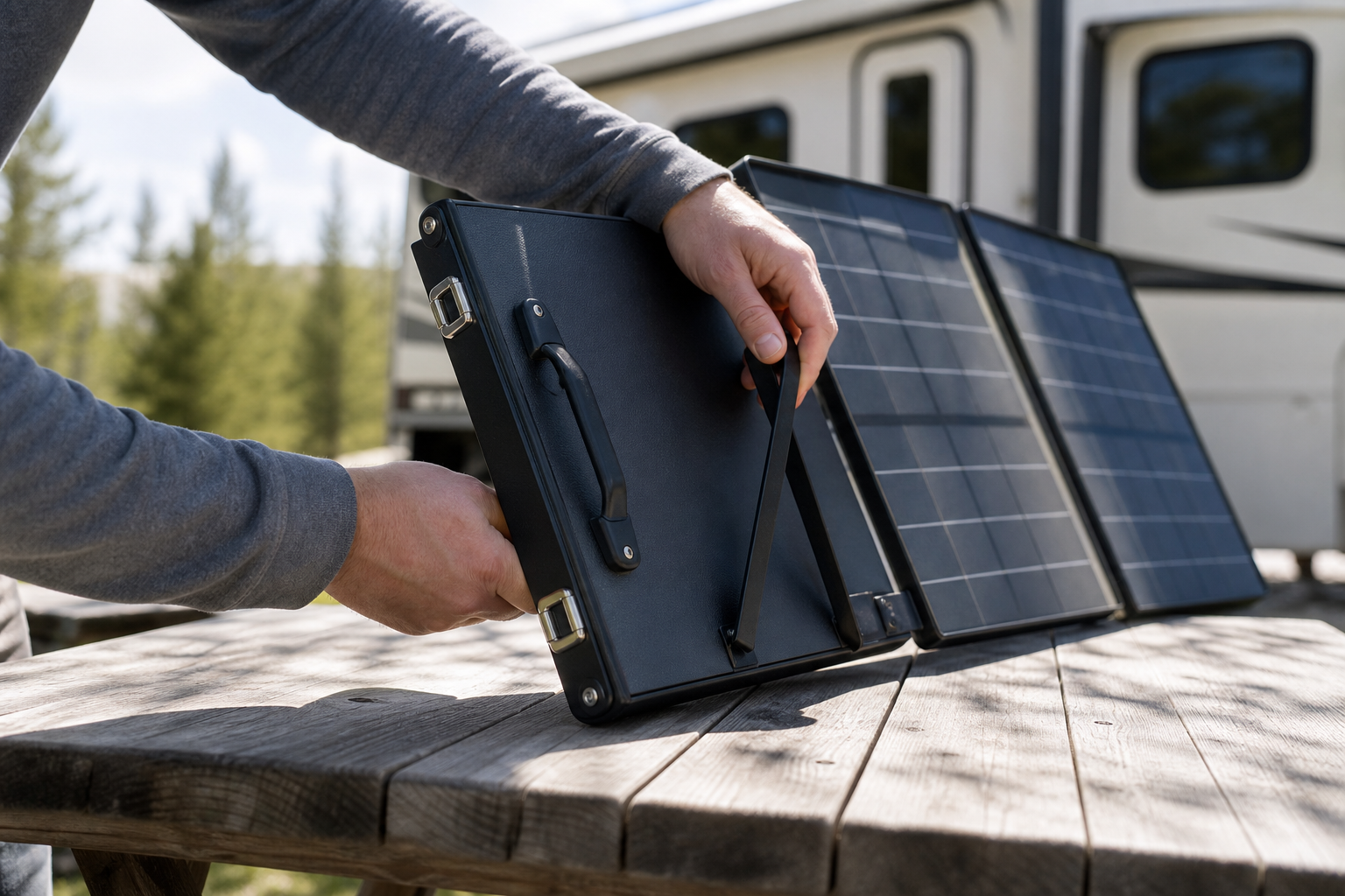 Hands unfolding portable RV solar panel at sunny campsite