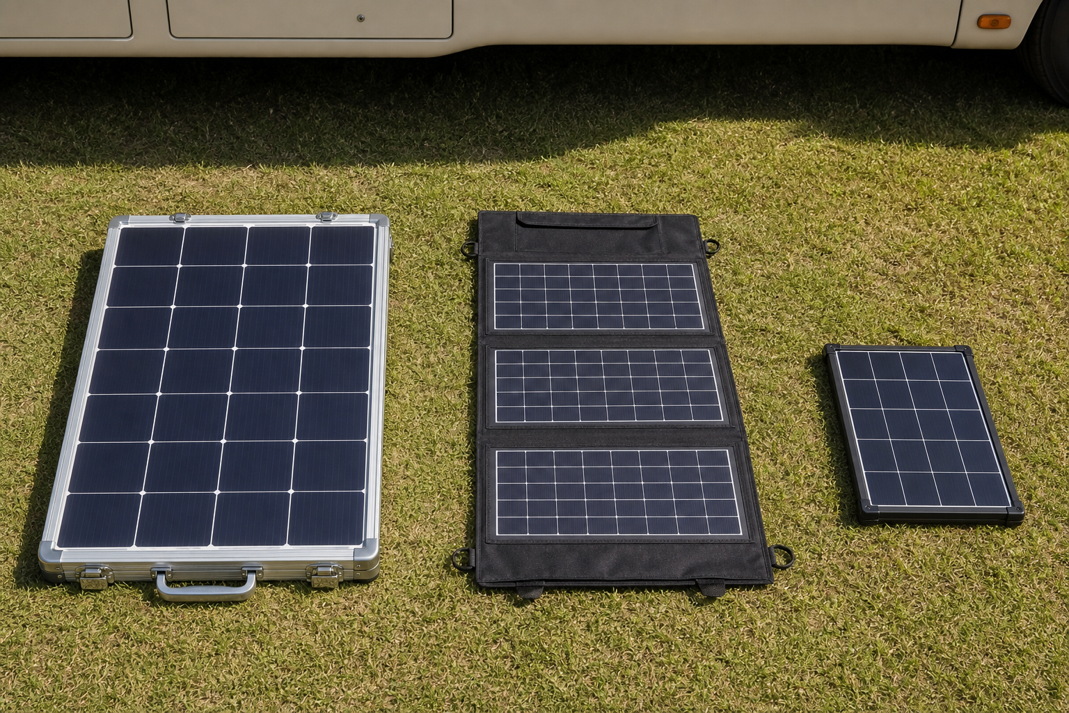 Three portable RV solar panels compared side by side outdoors