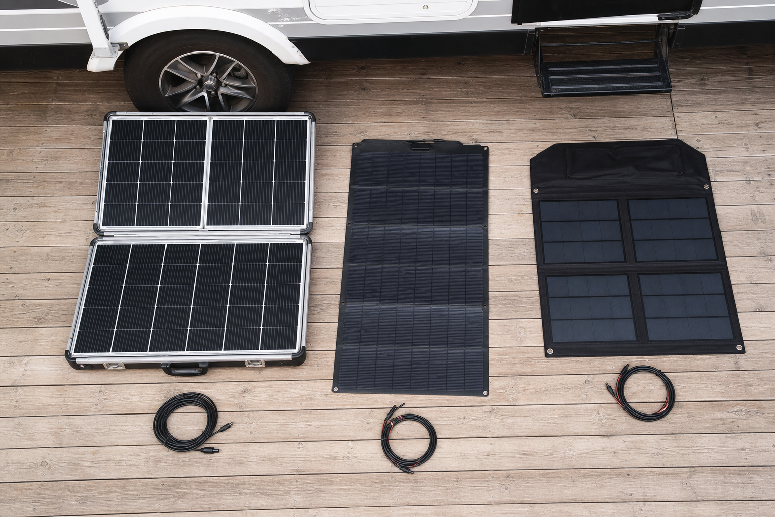 Three portable RV solar panels compared side by side outdoors