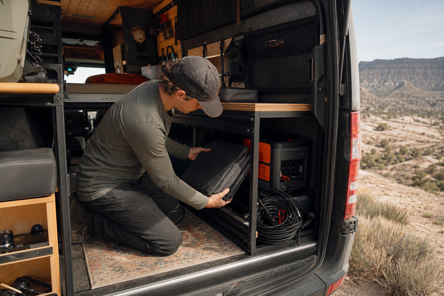 Person storing folded portable solar panel in camper van compartment
