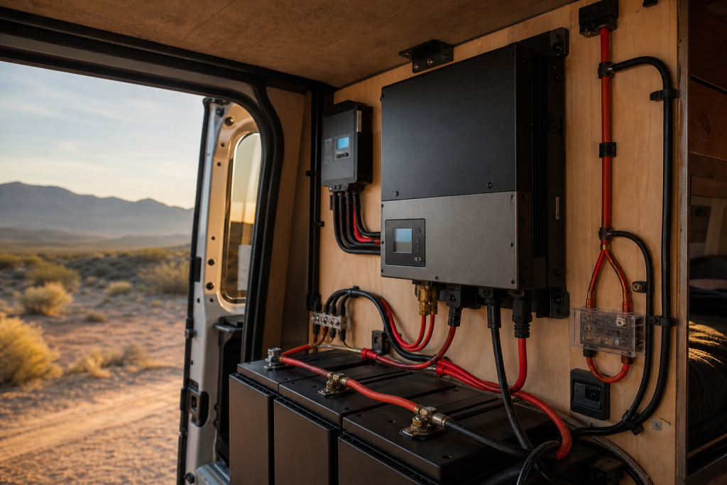 RV inverter charger installed neatly in camper van electrical bay