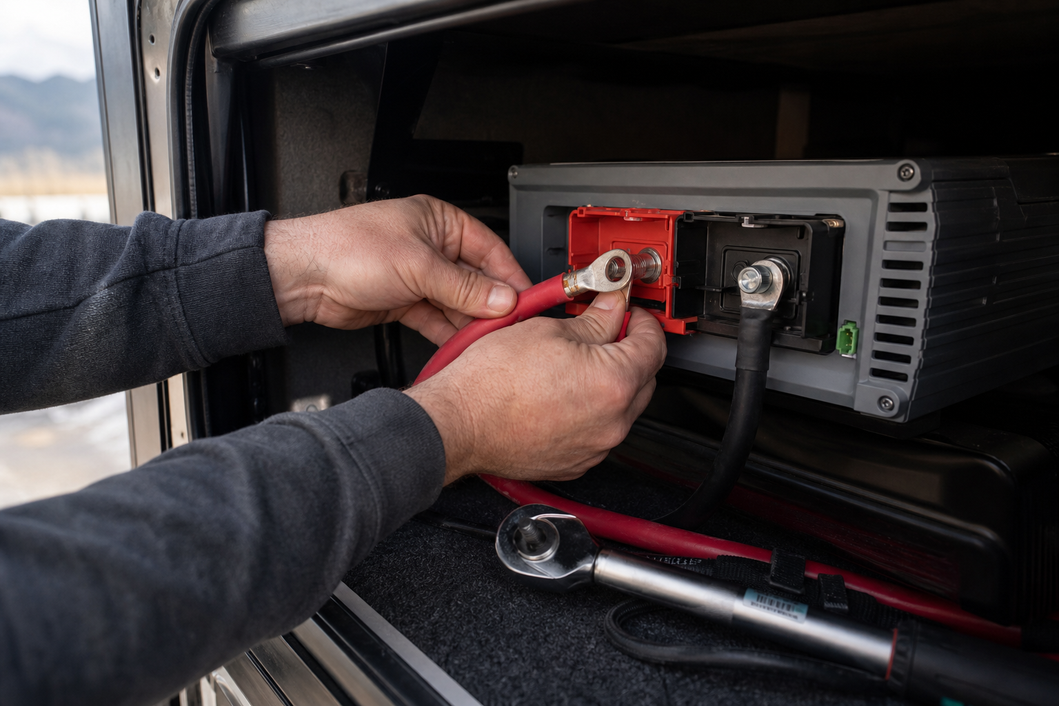 Hands connecting battery cables to RV inverter charger terminals