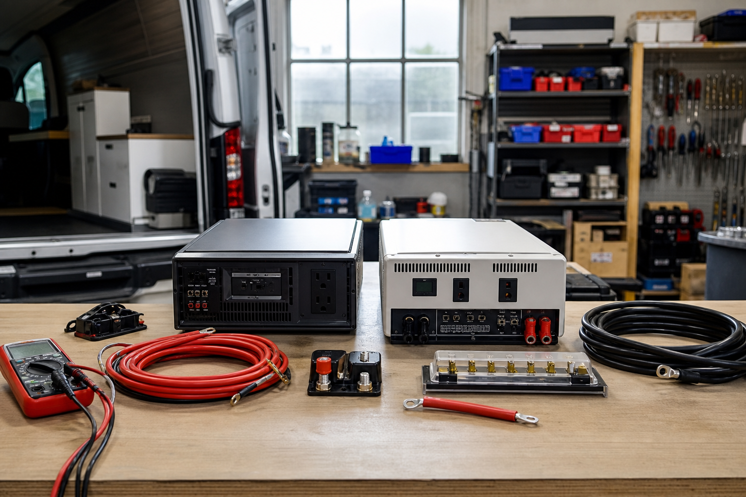 Two RV inverter chargers compared side by side on workbench