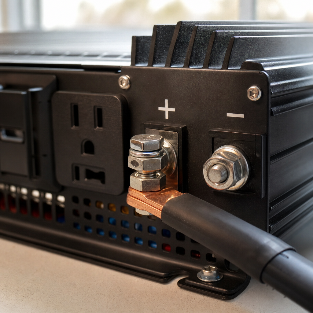 Macro detail of inverter charger terminals for boondocking power setup
