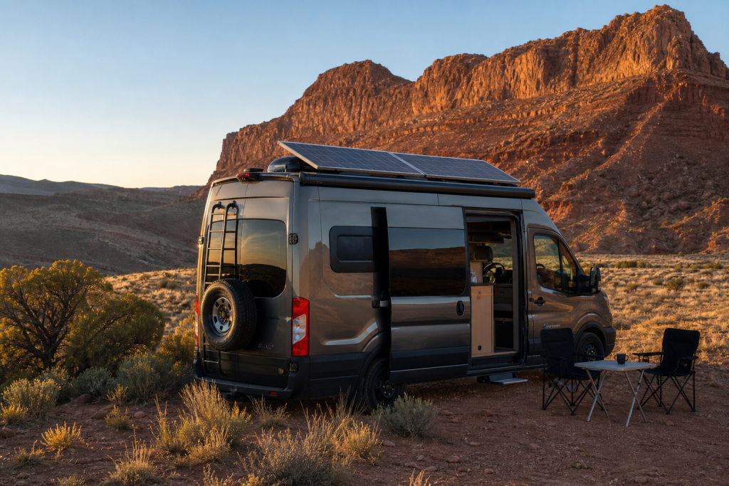 Camper van with roof solar panels boondocking at golden hour desert