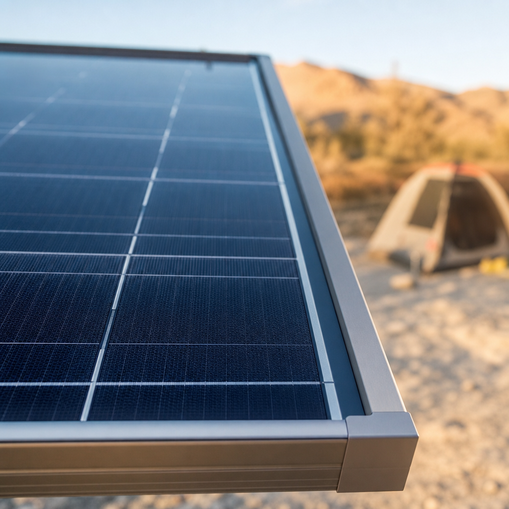 Close-up of monocrystalline RV solar panel cell surface and frame
