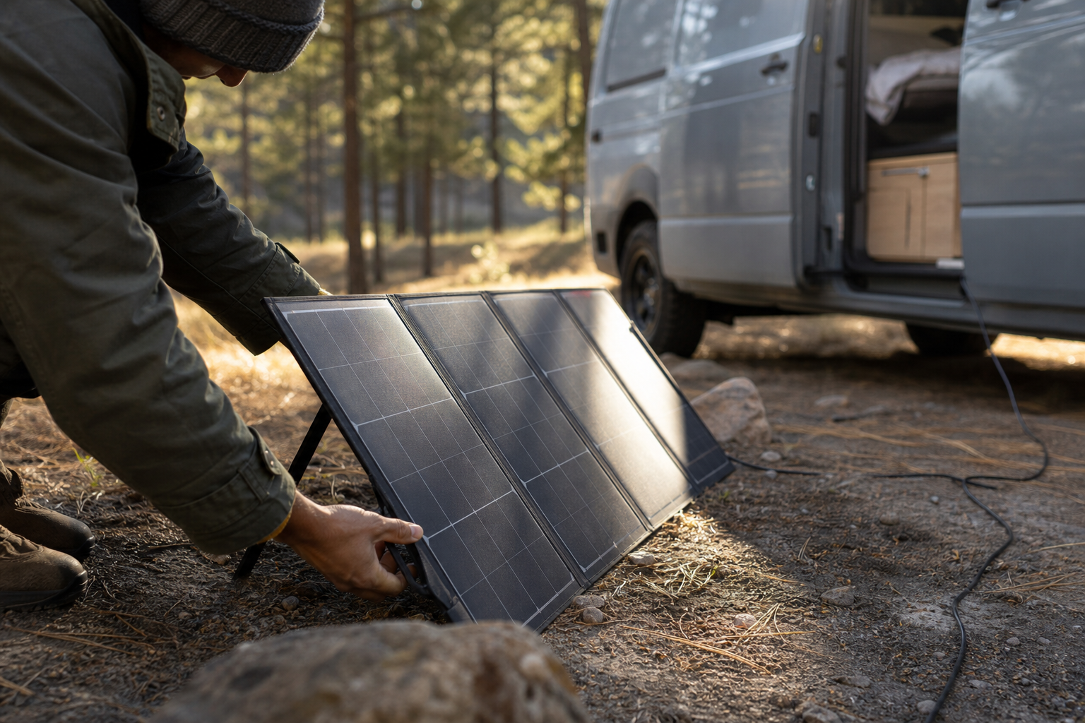 Hands tilting portable solar panel toward sun while boondocking