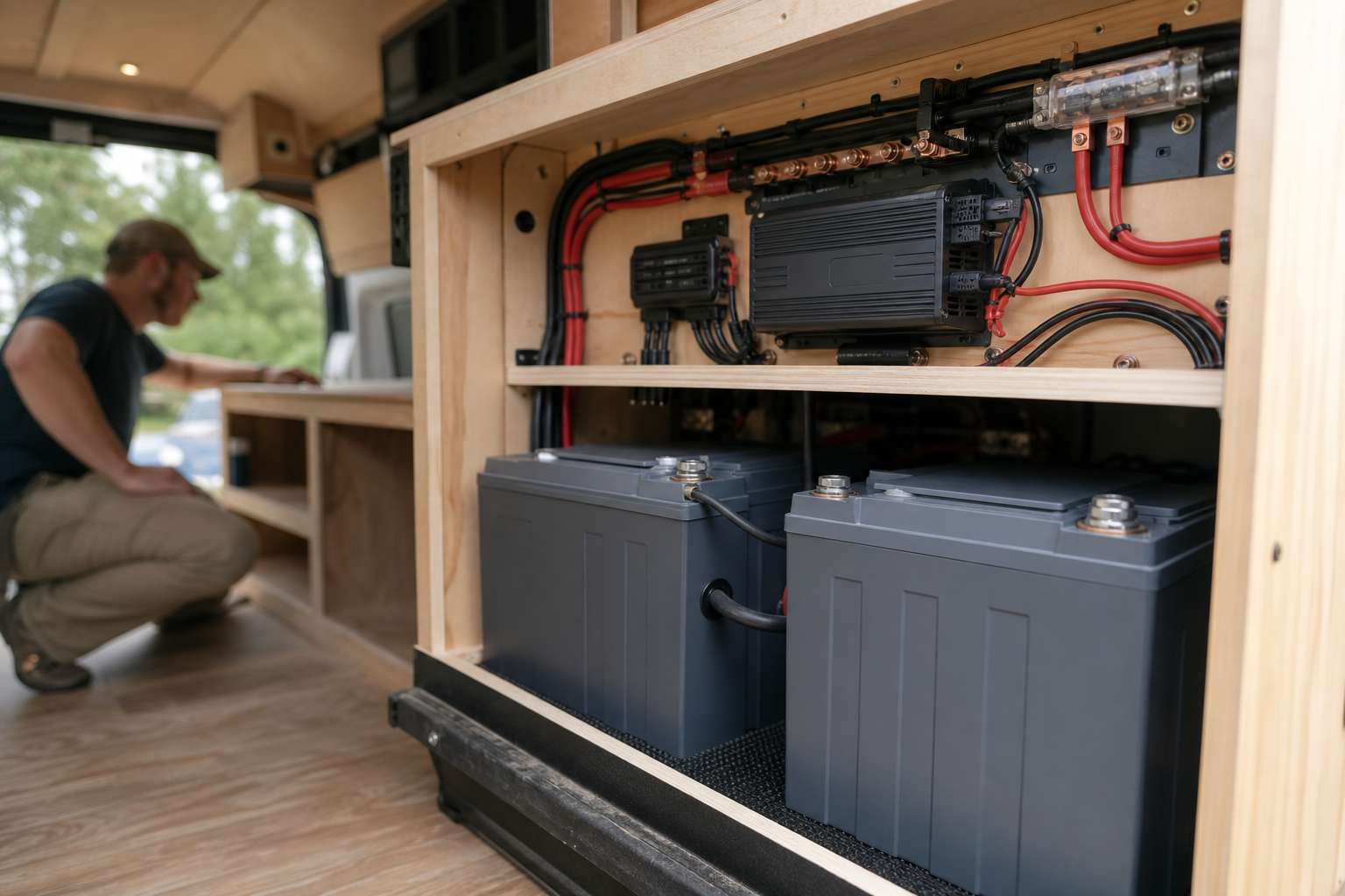 Two batteries wired together in RV electrical cabinet comparing bank voltage