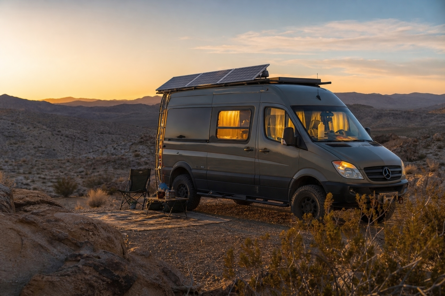 Camper van with rooftop solar glowing warmly at dusk