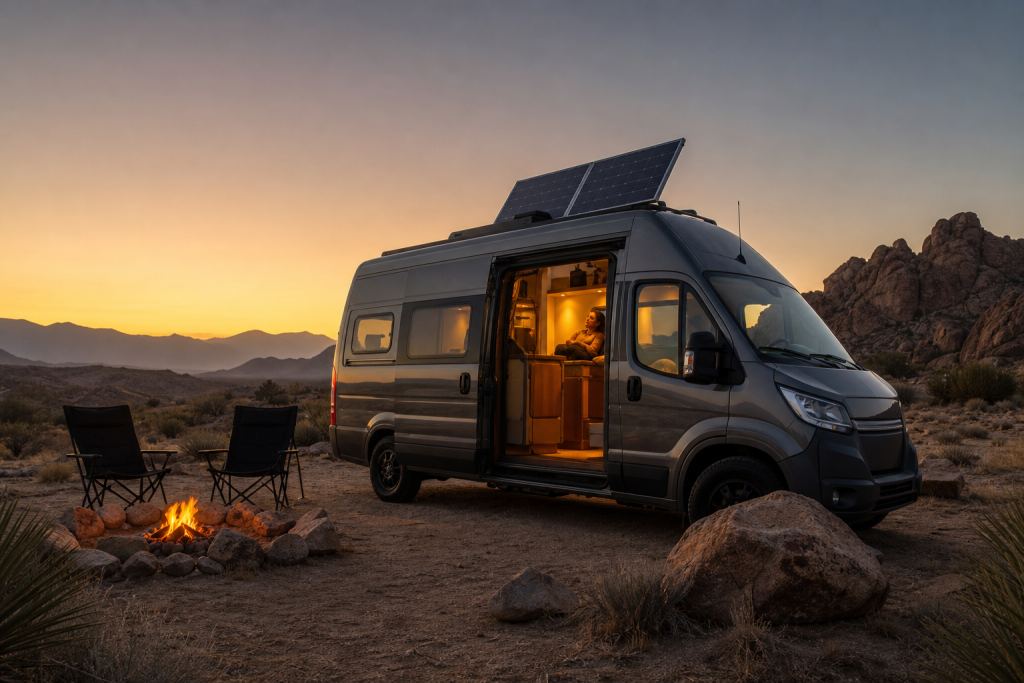 Camper van with solar panels glowing warmly at night on battery power