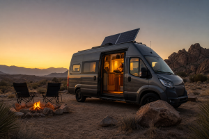 Camper van with solar panels glowing warmly at night on battery power