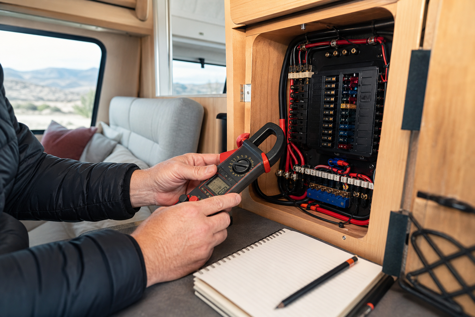 Hands measuring RV loads with clamp meter for energy audit