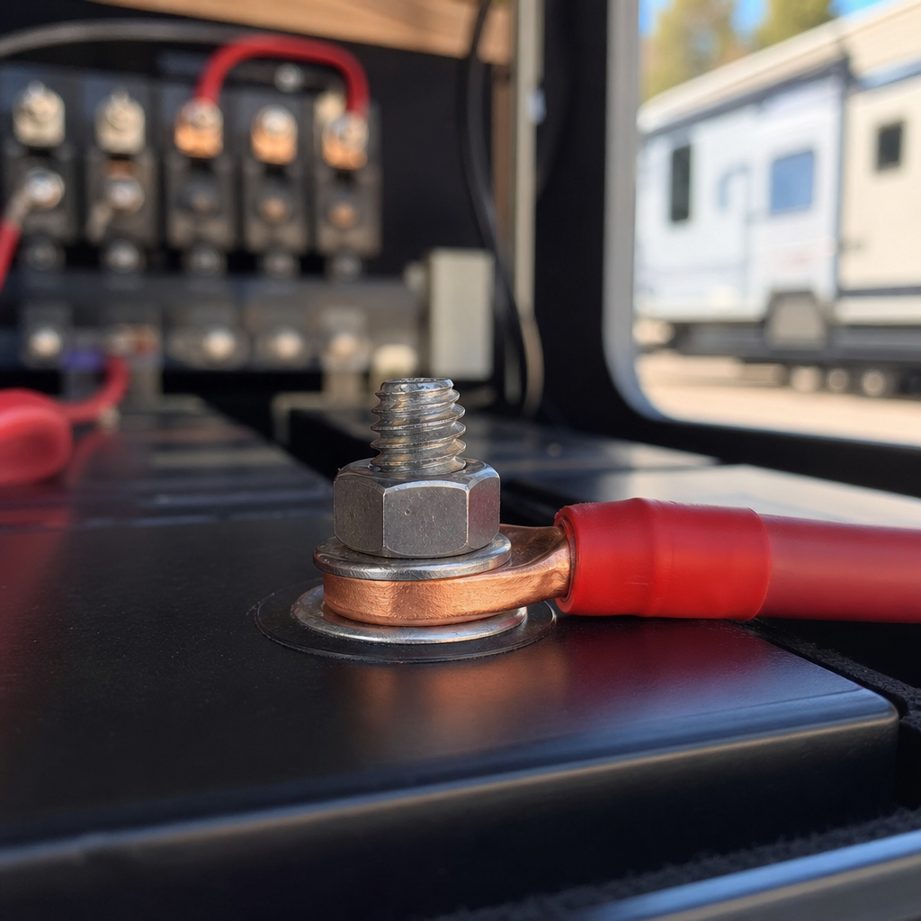 Close-up lithium battery terminal showing usable capacity hardware