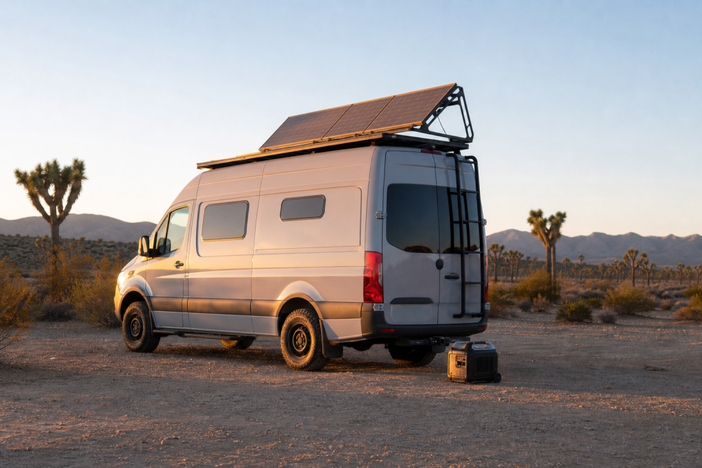 Camper van with RV solar panels and idle generator at golden hour