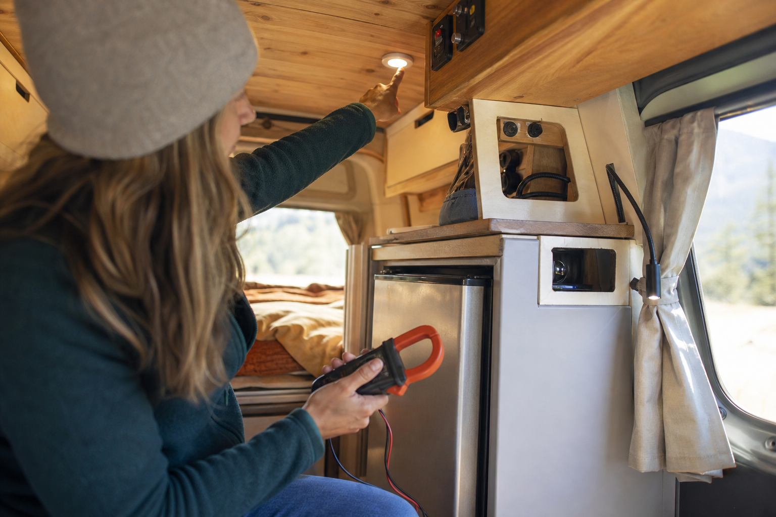 Hands measuring RV appliance power draw during a daily energy audit
