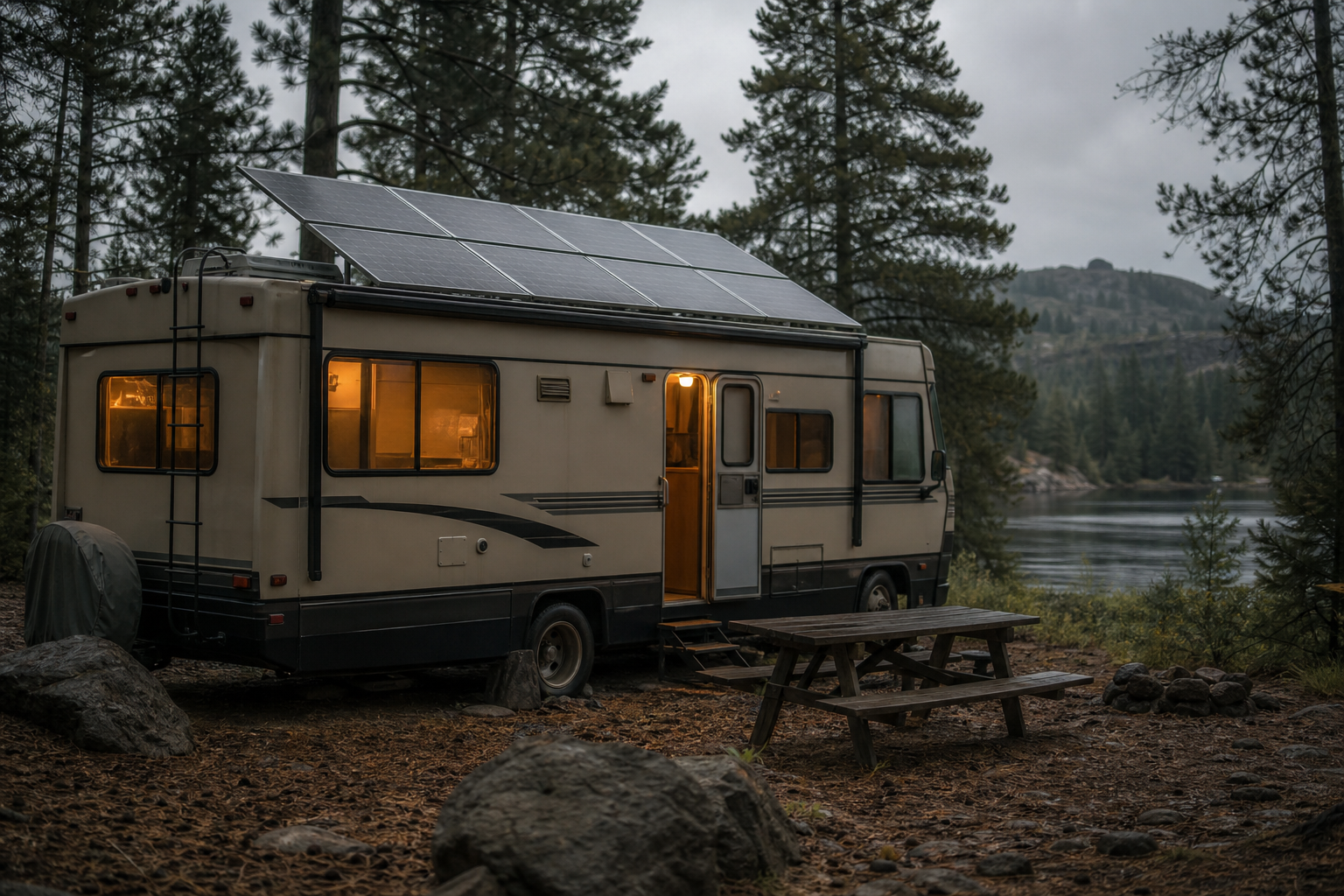 RV solar setup running lights during cloudy days of autonomy