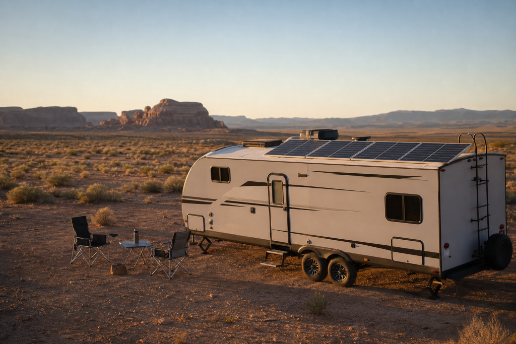 RV boondocking in desert with rooftop solar panels at golden hour