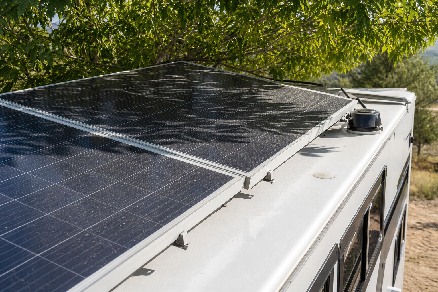 Shaded dusty RV solar panels showing real-world derating losses