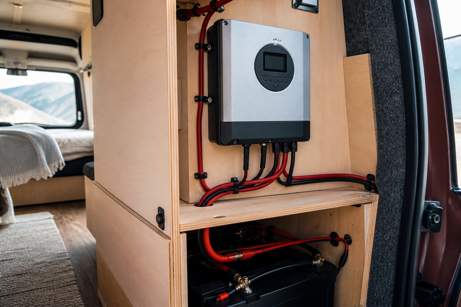 MPPT charge controller mounted in camper van with neat solar wiring