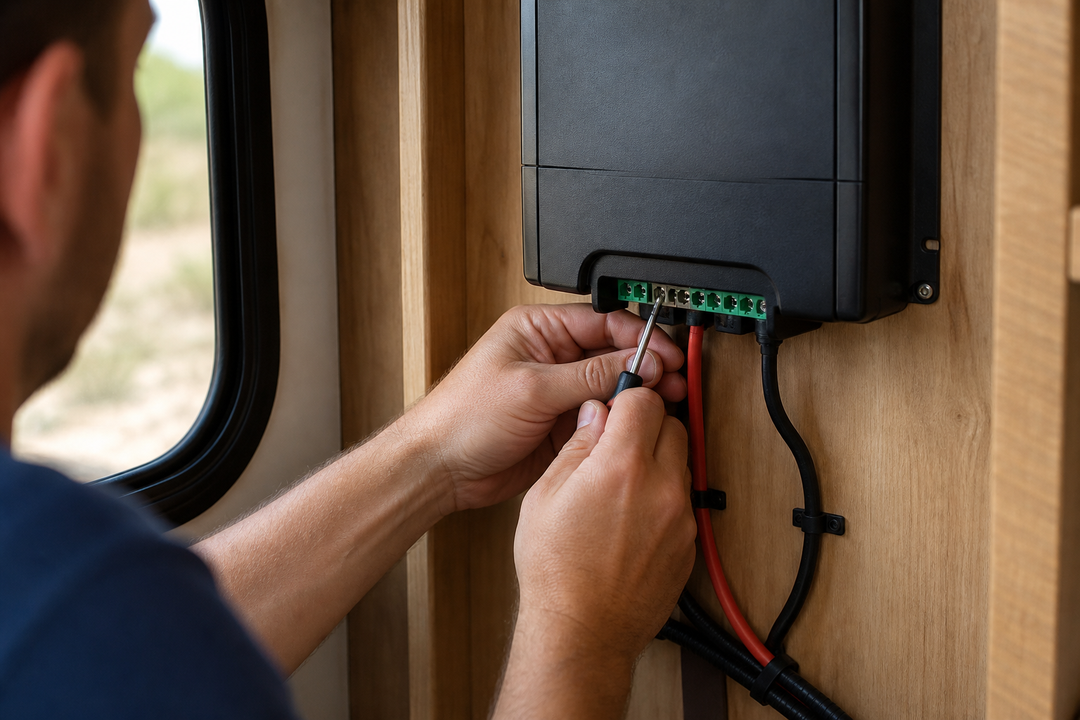 Hands connecting solar panel wires to MPPT charge controller terminals