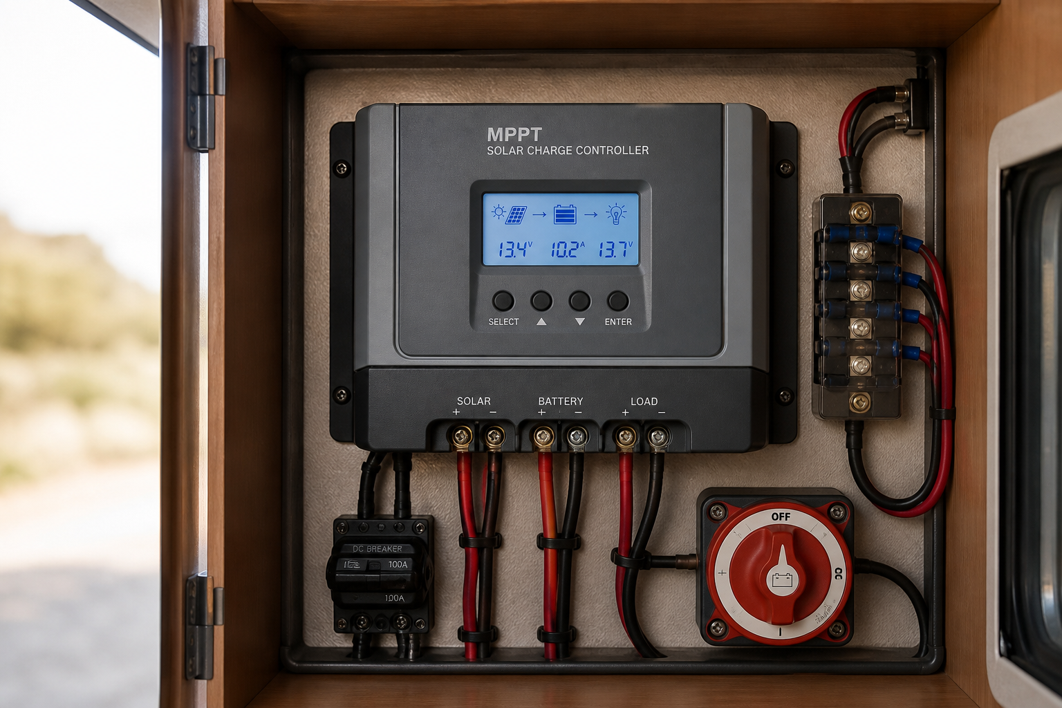 MPPT charge controller mounted in RV cabinet with clean wiring
